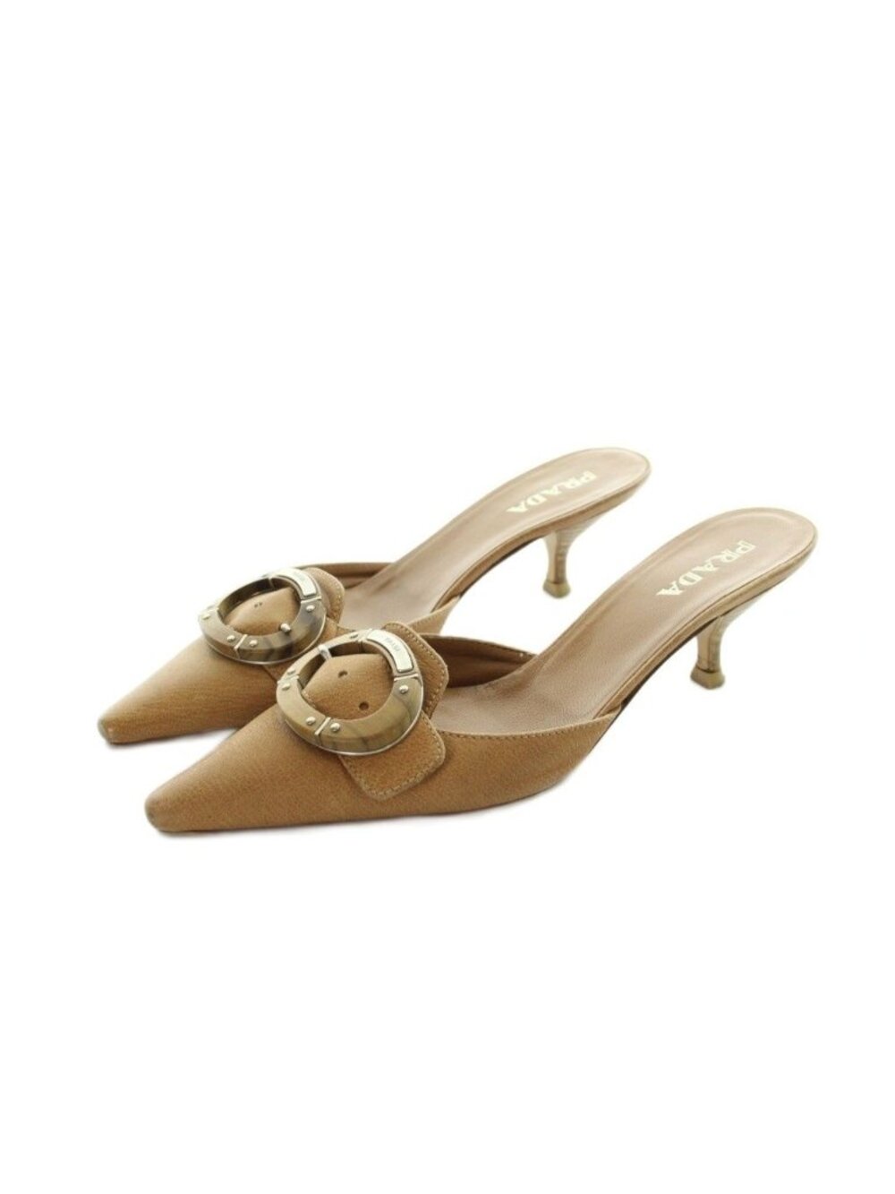 Prada Pumps Mules Pointed Toe Buckle Logo Leather Brown Heels